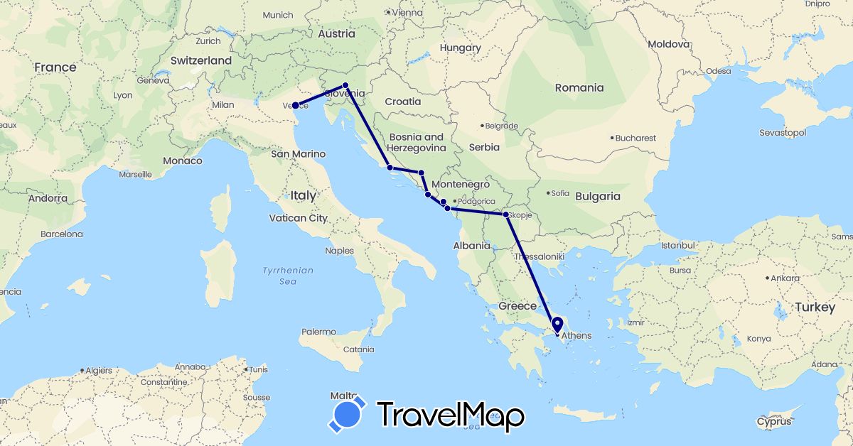 TravelMap itinerary: driving in Bosnia and Herzegovina, Greece, Croatia, Italy, Montenegro, Macedonia, Slovenia (Europe)