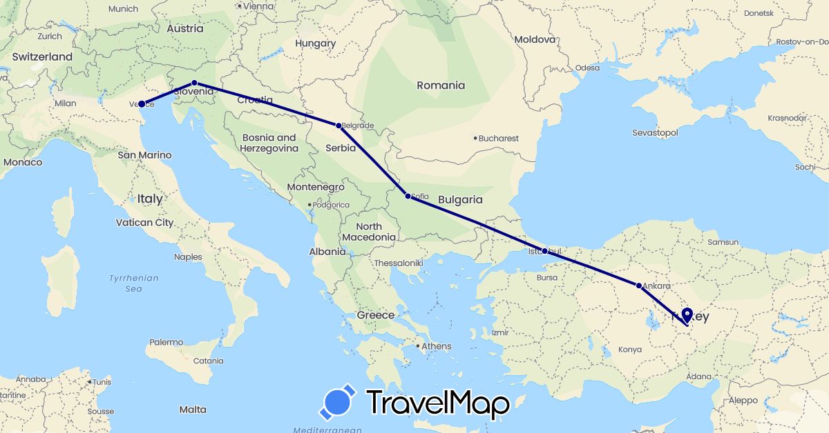 TravelMap itinerary: driving in Bulgaria, Italy, Serbia, Slovenia, Turkey (Asia, Europe)